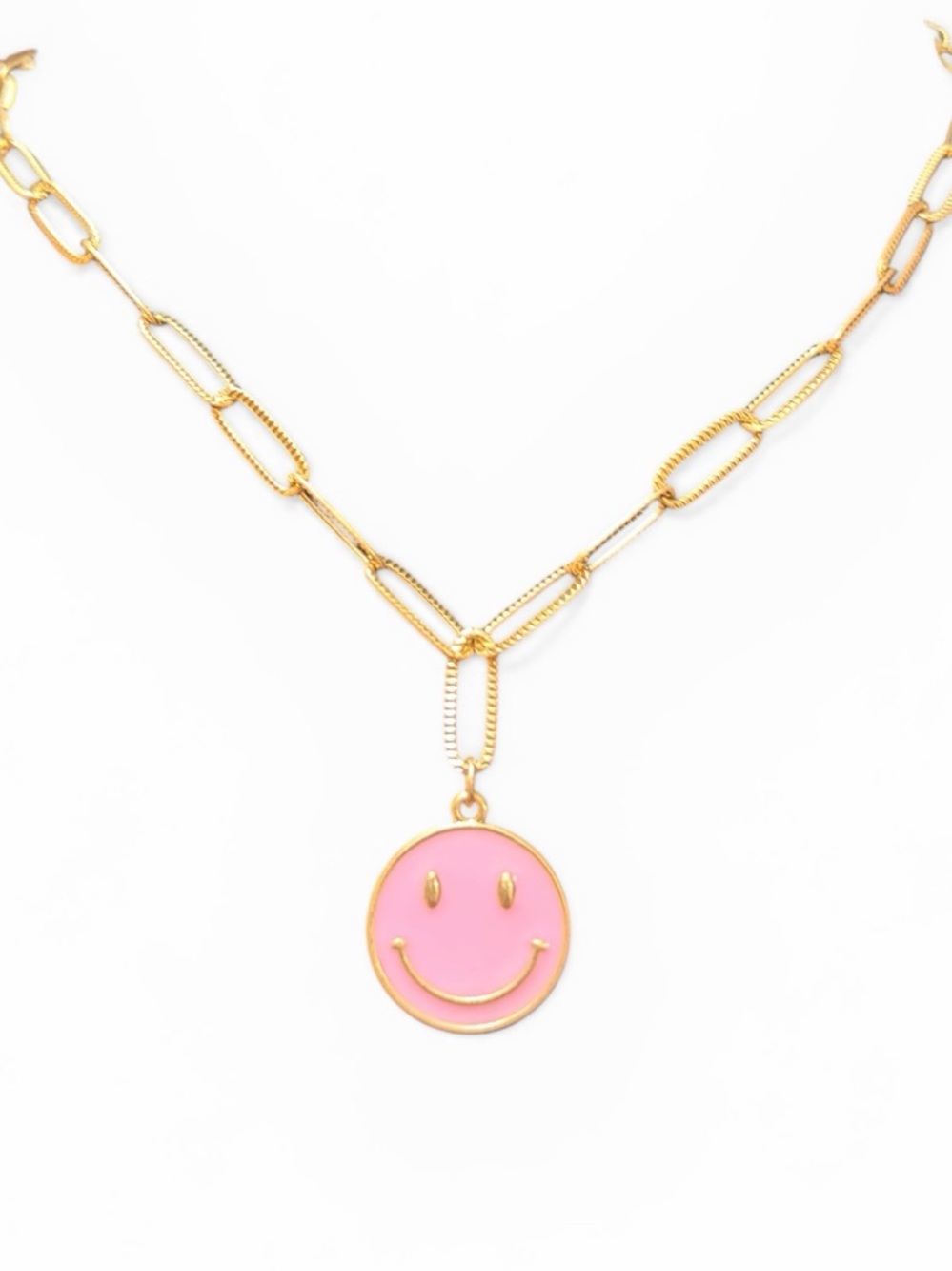 Gold plated Chain Necklace with Pink Smiley face Pendant - Picture 4 of 4